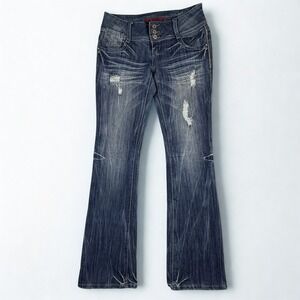 Y2K Low Rise Jeans Bongo 7 Blue Flare Distressed‎ Rhinestone Pocket 3-Button